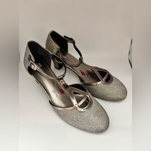 Ros Hommerson Heidi T-strap kitten heel pumps in a metallic/silver
